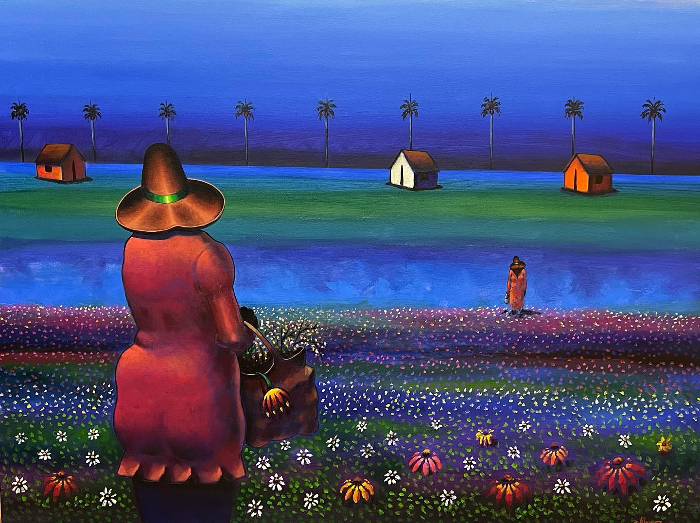 Sembradores en campo de flores