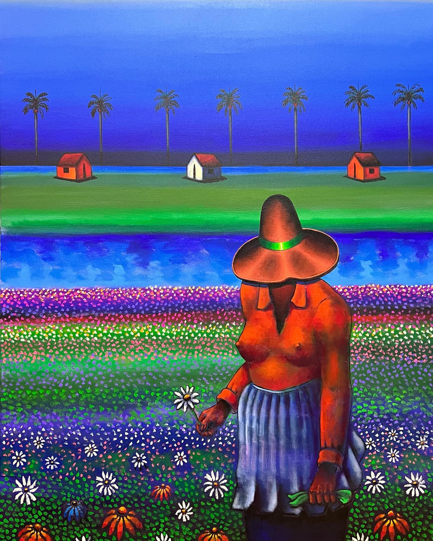 Sembradores en el campo de flores