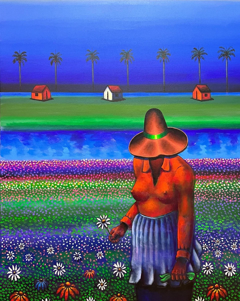 Sembradores en el campo de flores